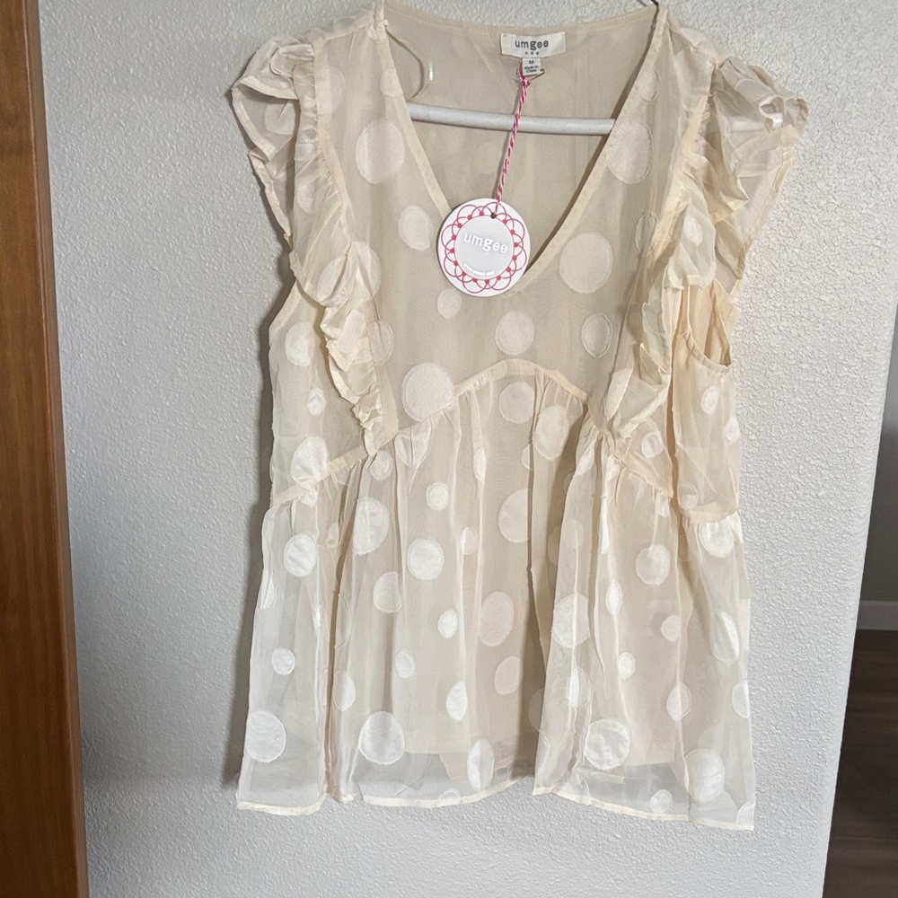 Umgee Cream Sheer Fully Lined Polka Dot Ruffle V-Neck Blouse